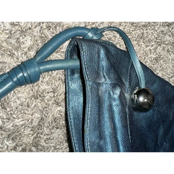 Vintage Furla Large Teal/Petrol Blue Iridescent Leather Shoulder Bag Hobo Tote - Picture 7 of 10